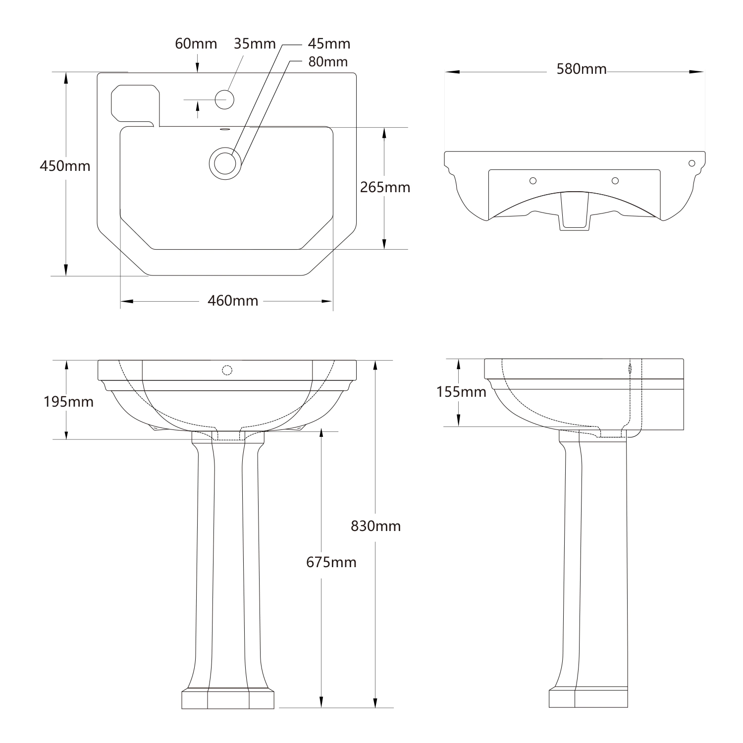 dimension figure of white porcelain pedestal sink mb-2066